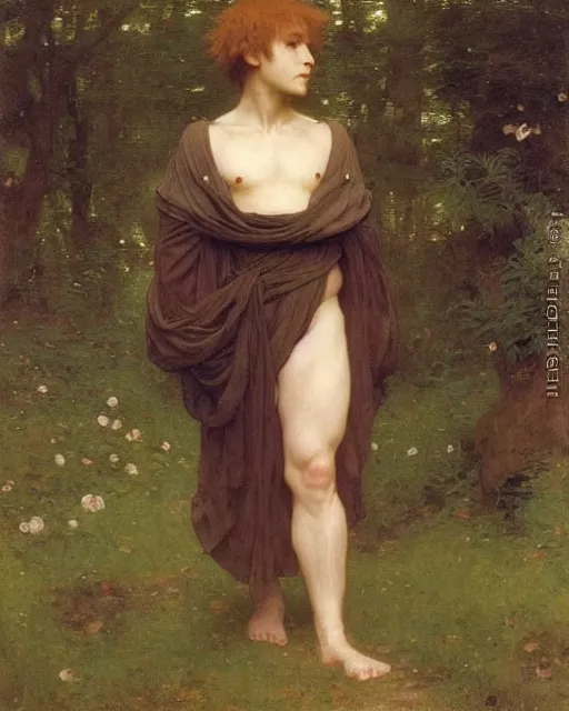 Image similar to a handsome anime man, he is walking in the forest, by Edgar Maxence and William-Adolphe Bouguereau