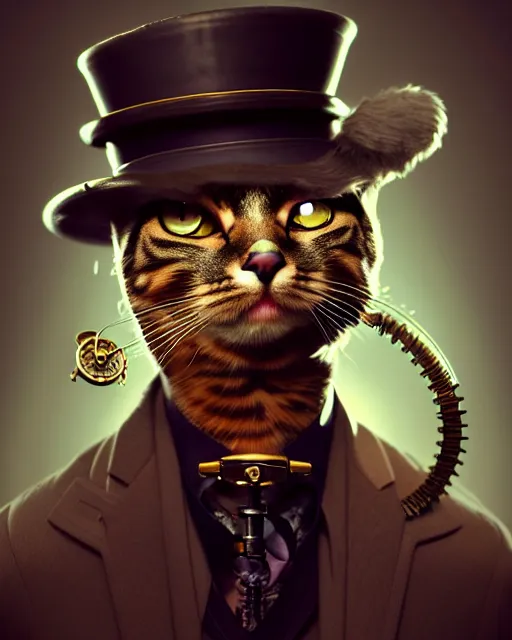 Image similar to steampunk male cat portrait, handsome, steampunk hat, detective coat, steampunk monocle, hyper realistic 3 d render by ilya kuvshinov, peter mohrbacher, greg rutkowski, ryohei hase, dramatic lighting, intricate, highly detailed, sharp focus, luminous, unreal engine, blender, artstation, masterpiece, ray tracing