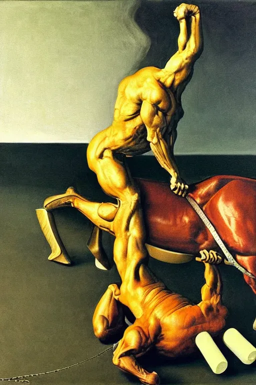 Prompt: , astronaut bodybuilder doing bench press with a horse instead of a dumbbell astronaut bodybuilder doing bench press with horse instead of dumbbell, hauntingly surreal, highly detailed painting by francis bacon, edward hopper, adrian ghenie, gerhard richter, and james jean soft light 4 k,