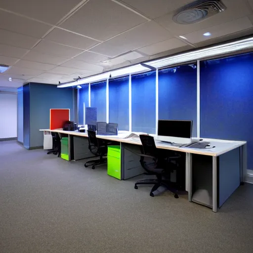 Image similar to Liminal office space, colored lights, fog, scary