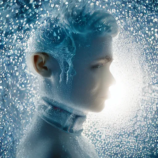 Image similar to futuristic female soldier eyes closed partly submerged in highly viscous clear fluid, frost particles, ice needles, cold blue light, complex hyperdetailed technical suit. white hair flowing. reflection. rays and dispersion of light. volumetric light. 5 0 mm, f / 3 2. noise film photo. ultra realistic, wide angle. rudolf herczog