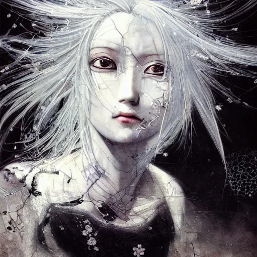 Image similar to Yoshitaka Amano realistic illustration of an anime girl with white hair and cracks on her face wearing dress suit with tie fluttering in the wind, abstract black and white patterns on the background, noisy film grain effect, highly detailed, Renaissance oil painting, weird portrait angle