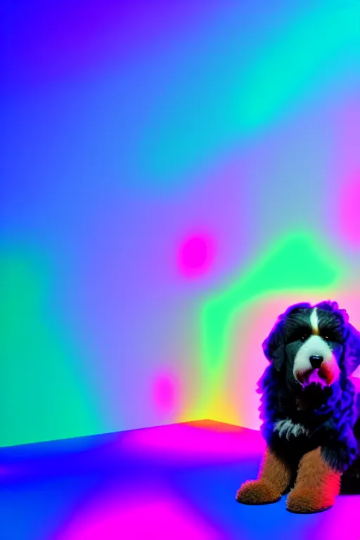 Image similar to a cute bernedoodle puppy sitting in gaming chair + neon rgb light strips, large computer monitor, mountains in background, vaporwave, dramatic, confident, rule of thirds, 4 k, award winning, octane render, volumetric lighting