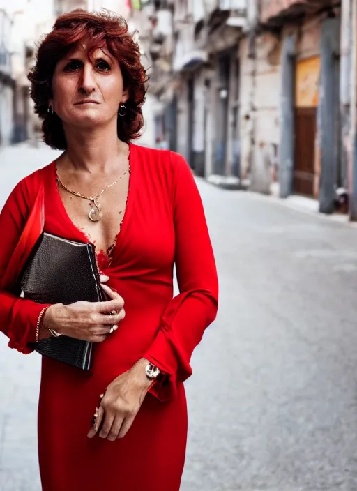 Prompt: color Close-up portrait of a beautiful 40-year-old Italian woman, wearing a red outfit, candid street portrait in the style of Martin Schoeller award winning, Sony a7R