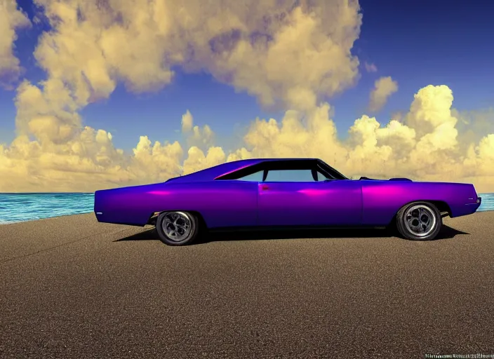 Image similar to hyperrealism, detailed textures, photorealistic 3 d render, a dreamy beach in cuba, a 1 9 7 0 hemi charger with plum crazy purple colour scheme, sharp focus, ultra realistic, ultra high pixel detail, cinematic, intricate, cinematic light, concept art, illustration, art station, unreal engine 8 k