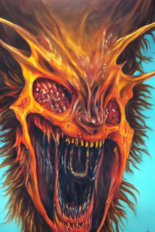 Image similar to oil painting, close-up, hight detailed, portrait of hell beast showing his teeths, in style of 80s sci-fi art