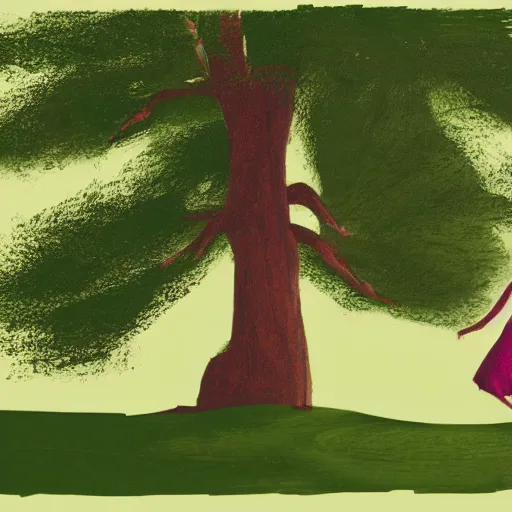 Image similar to minimal illustration of a girl dancing near an old strong tall green persian cypress tree in wind