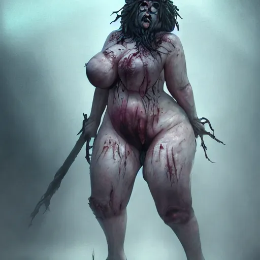 Image similar to angry extremely fat obese giant zombie female, full body portrait, with clothese, horror core, apocalyptic, feeling of grimdark, sharp focus, fiction, hyper detailed, digital art, trending in artstation, cinematic lighting, studio quality, smooth render, unreal engine 5 rendered, octane rendered, art style and nixeu and wlop and krenz cushart