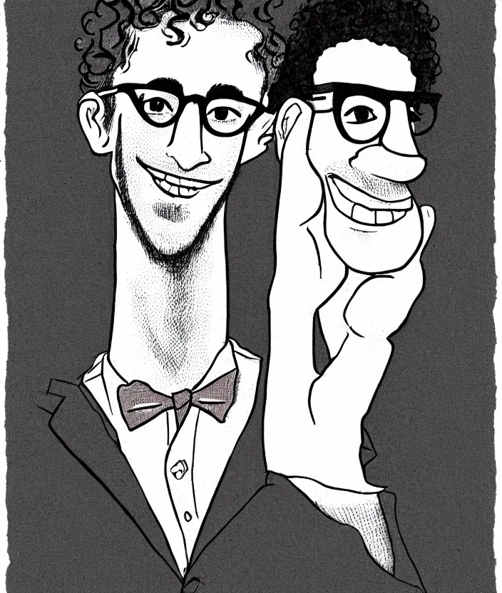 Prompt: jewish young man with glasses, dark short curly hair smiling, illustration in the style of shel silverstein