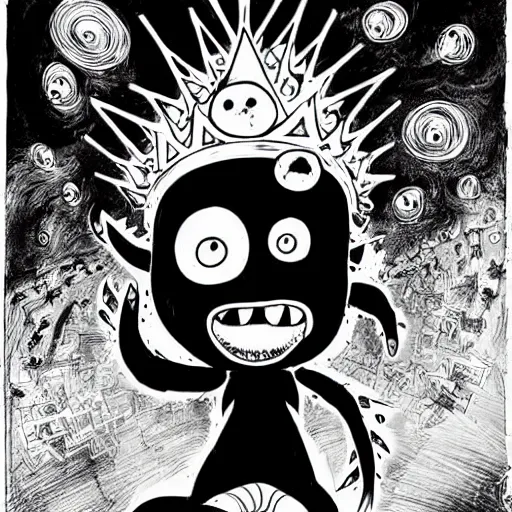 Prompt: black and white trippy comic art of a mutant pig wearing a gold crown fighting aliens, lots of particles, drawn by Martin Rowson, Tim Burton, Studio Ghibli, Alex Pardee, Nekro Petros Afshar, James McDermott, cgsociety 4K