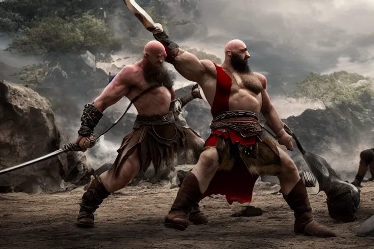 Image similar to Kratos fighting People in Asgard, wide angle shot, cinematic, depth of field