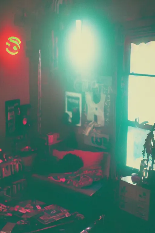 Image similar to agfa vista 4 0 0 photograph of a cluttered 9 0 s teenagers goth punk rock bedroom, synth vibe, vaporwave colors, lens flare, moody lighting, moody vibe, telephoto, 9 0 s vibe, blurry background, grain, tranquil, calm, faded!,