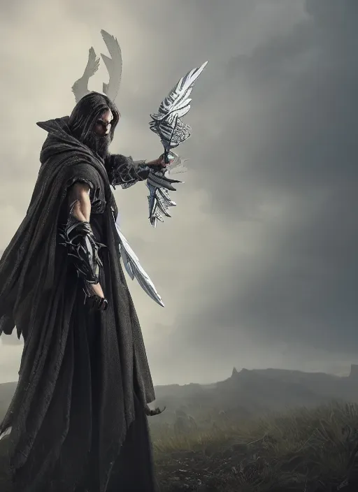 Image similar to A striking hyper real painting of a winged aasimar hexblade warlock, short beard, black cloak, silver hair, unreal 5, DAZ, hyperrealistic, octane render, cosplay, RPG portrait, dynamic lighting