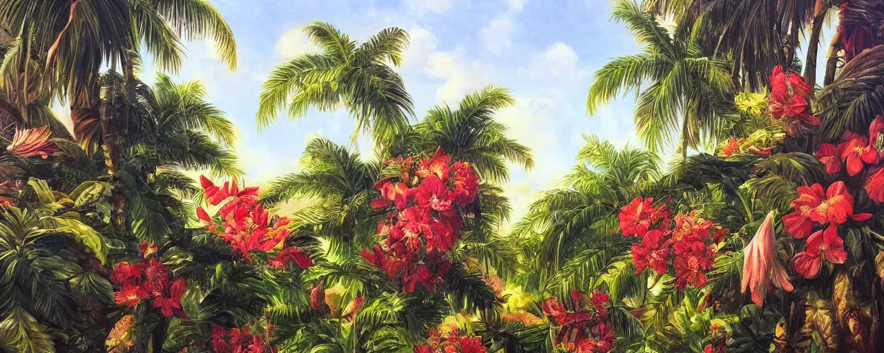 Image similar to a highly detailed oil painting of Tropical Flowers, a view from ground level: elegant, ornate, daytime. this is a beautifully lit scene.