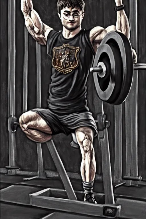 Image similar to highly detailed rendering of Daniel Radcliffe as Harry Potter doing barbell back squats, dingy workout gym, wearing a muscle tee shirt, muscular deep squats, symmetrical, highly detailed, digital painting, artstation, concept art, smooth, sharp focus, illustration, cinematic lighting, art by artgerm and greg rutkowski and alphonse mucha