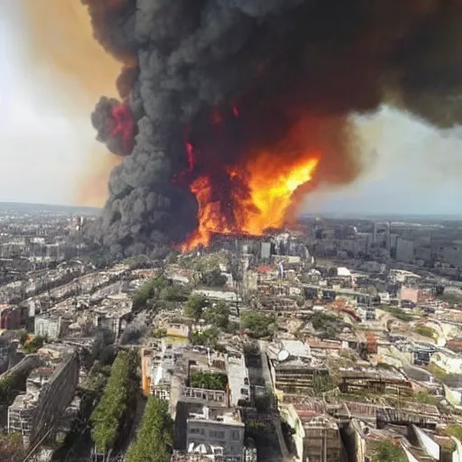 Image similar to a city is getting destroyed with fire and buildings are breaking a man from higher elevation looking at city detailed