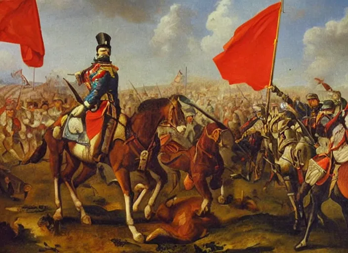 Prompt: a high detail oil painting equestrian image of judge baltasar garzon leading spain and the troops to victory over the moors, raising the spanish flag with his right hand and a sword in his left