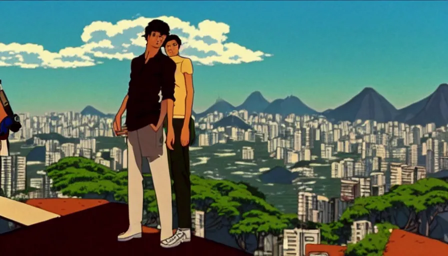 Image similar to 1 9 8 6 movie screencap of a couple with a gun on a rio de janeiro, gucci clothes, studio ghibli sky, beautiful favela background extremely utra high quality artwork 8 k