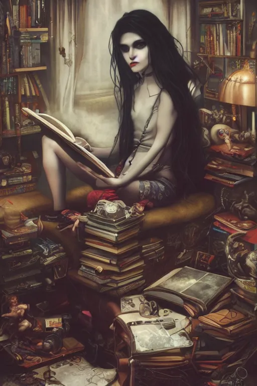 Image similar to goth guy sitting on the floor of a cluttered 9 0 s bedroom reading a book by artgerm, tom bagshaw, gerald brom, vaporwave colors, lo - fi, 4 k, hd,