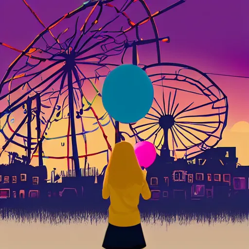 Image similar to a girl holding a balloon at a fairground. buildings with graffiti. silhouette. in the style of simon stalenhag