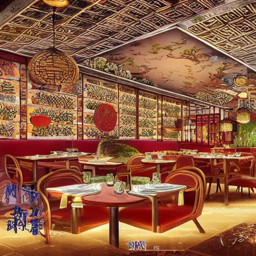 Image similar to a beautiful hyperdetailed interior 4 k hd wallpaper illustration of roasted string hotpot restaurant restaurant yan'an, wall painting, from china, with merchant logo, fine delicate structure, chinese style, victo ngai