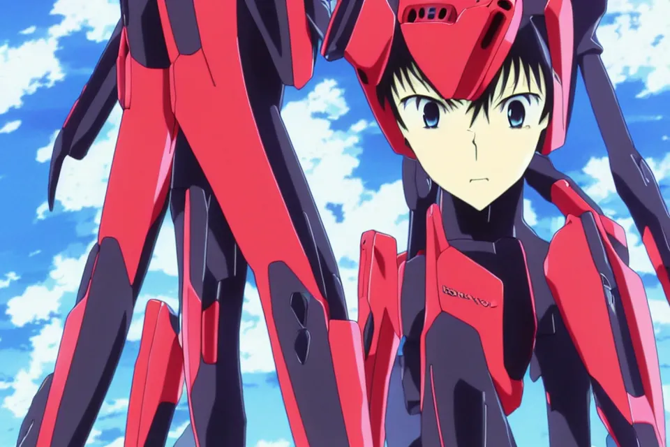 Image similar to anime illustration of black detailed lonely evangelion eva - 0 1 standing menacingly behind ikari shinji who is wearing a plugsuit, cinematic lighting, evangelion anime poster, rebuild of evangelion 1 0 8 0 p, 9 0 s anime aesthetic, volumetric lights, rule of thirds, unreal engine render, pinterest wallpaper, trending on artstation