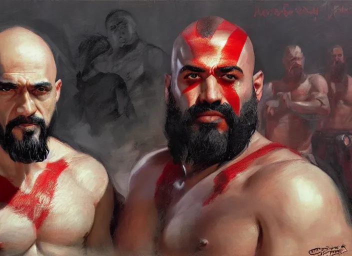 Prompt: a highly detailed beautiful portrait of kratos with nicolas maduro, by gregory manchess, james gurney, james jean