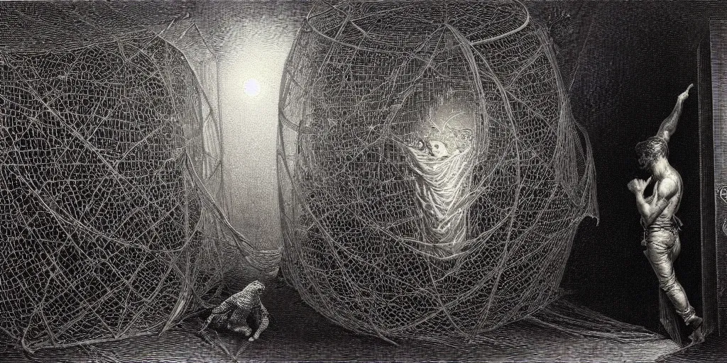 Image similar to a man trapped in a cage, interdimensional forcefield, aura, fear, detailed painting by painting by by gene wolfe, by gustave dore