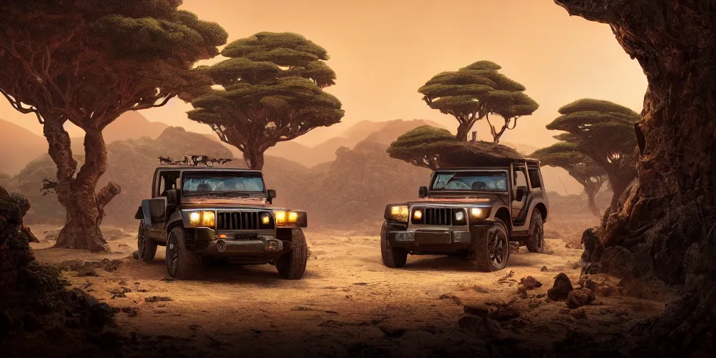 Image similar to mahindra thar riding through moonlit socotra island with dragon trees, starry night, chasing action scene, epic fantasy, sharp focus, trending on ArtStation, masterpiece, by Greg Rutkowski, by Ross Tran, by Fenghua Zhong, octane render, soft render, ultrarealistic, colorful, cinematic, matte painting, shadow of the tomb rider