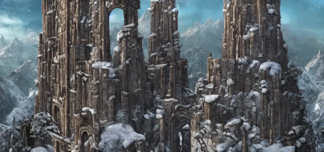 Prompt: massive, thick cylindrical fantasy tower with many levels, embedded into the snowy mountains. 4K. Many intrincate details. This tower holds ancient the portals