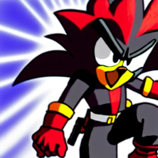 Prompt: shadow the hedgehog holding a gun