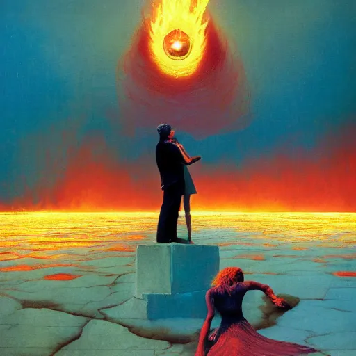 Image similar to a man on fire and a girl on ice, pink floyd album cover, 1 9 7 0's, by storm elvin thorgerson, moebius, craig mullins, beksinski, bruegel, greg rutkowski, alphonse mucha, and yoshitaka amano, colorful flat surreal design, hd, 8 k, artstation