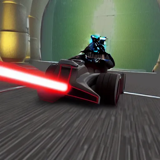 Image similar to still image of darth vader driving in mario kart tour deluxe race, unreal engine 5, 3 d, octane