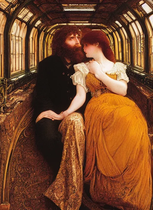 Prompt: masterpiece of intricately detailed preraphaelite photography couple portrait sat down, love, inside a beautiful underwater train to atlantis, train aisles, man with long hair big beard glasses, woman with large lips big eyes straight fringe, colourful unusual clothes yellow ochre, by ford madox brown william powell frith frederic leighton john william waterhouse hildebrandt william morris
