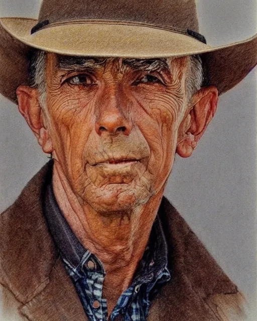 Image similar to high quality high detail pencil drawing by norman rockwell, hd, close up portrait, old cowboy, muted pastel colors, photorealistic lighting