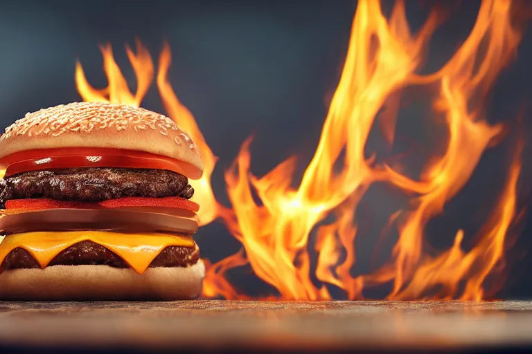 Prompt: mcdonalds hamburger burning to a crisp, commercial photography