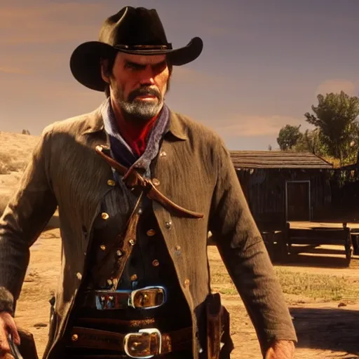 Prompt: jim carey stars as dutch van der linde in the playstation 4 video game red dead redemption 2, detailed screenshot beautiful!