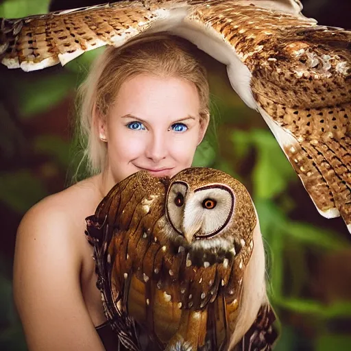 Prompt: aero ektar lens. shallow depth of field. head to waist portrait photograph of an extremely beautiful!!!! young blonde female. symetric face. round detailed eyes. with a very detailed barn owl! on her shoulder., petzval lens. in a tropical greenhouse. featured on flickr, art photography, photo taken with provia,