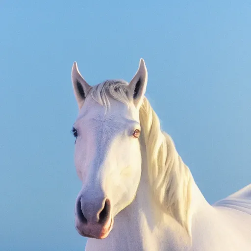 Prompt: photo of white arabic horse, blue soft background with sun set