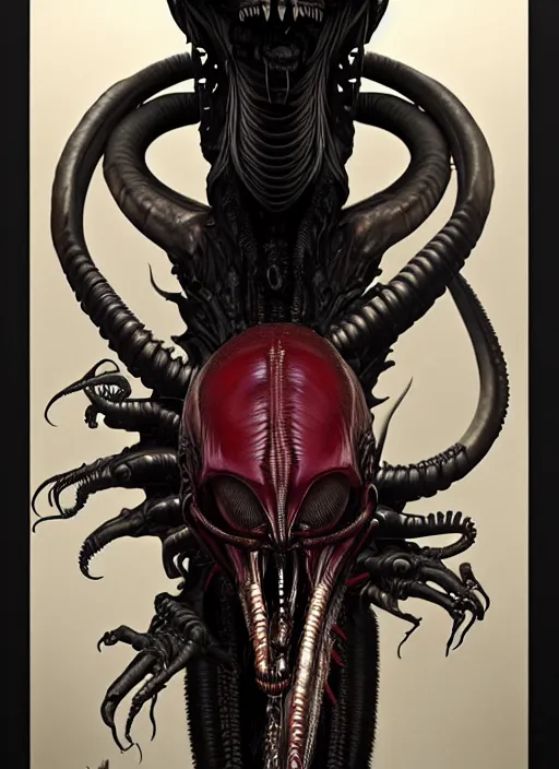 Image similar to ultra realistic, male human xenomorph, dracula, goth, tattoos, leather, fantasy, flesh, bone, body horror, intricate details, eerie, highly detailed, octane render, 8 k, art by artgerm and alphonse mucha and greg rutkowski