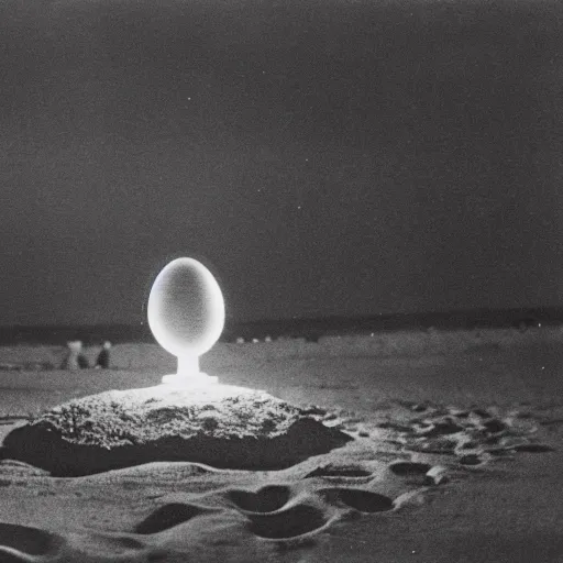 Image similar to an early 1 9 0 0 s photograph of an alien peeking out from a levitating luminescent alien egg on the beach, moonlight, at nighttime,