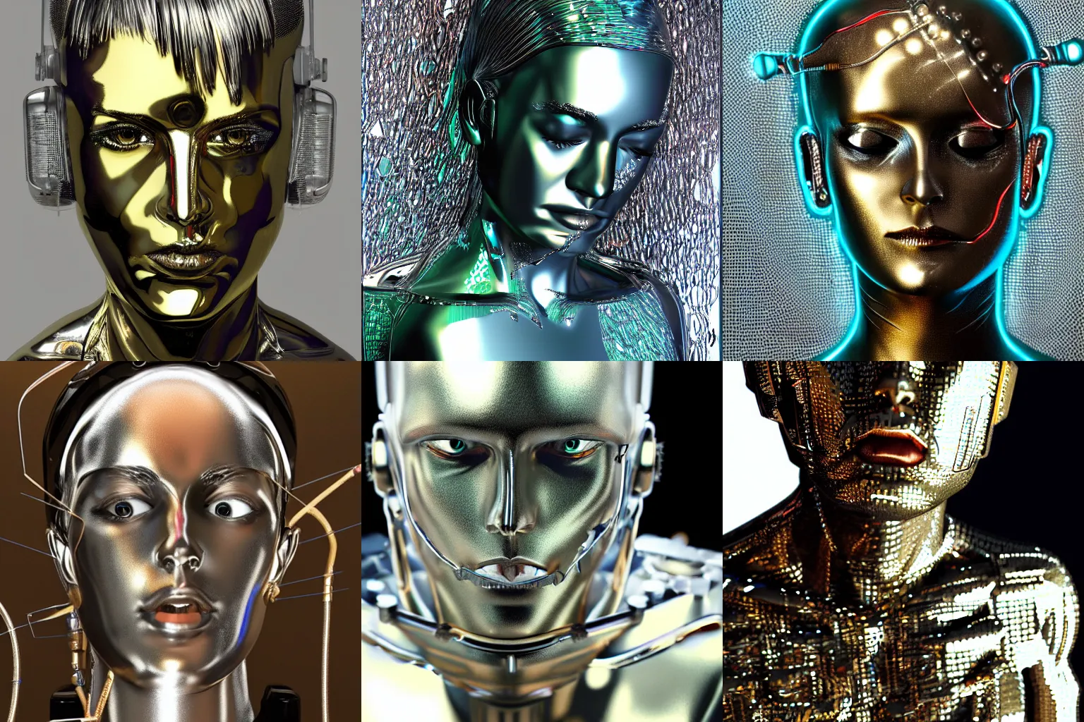 Prompt: a metallic cyborg with glass details experiencing nirvana, photorealistic