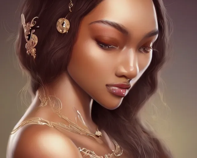 Image similar to A beautiful cream skinned woman with a square jaw puffy cheeks and ears that stick out, mischievous grin, HD, illustration, epic, fantasy, intricate, elegant, amazing detail, digital painting, artstation, concept art, smooth, sharp focus, illustration, art by Turine Tran