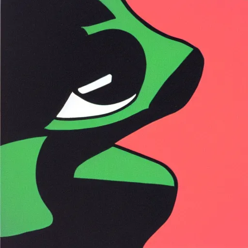 Prompt: pepe the frog casting a large shadow. precisionism, minimalism by patrick nagel