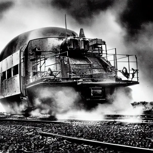 Image similar to A heavily armored war train breaking a steel wall in a battlefield, black and white futuristic photograph