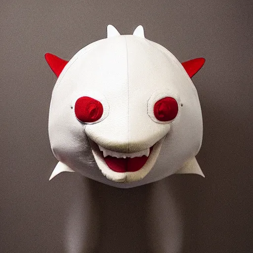 Prompt: vintage analog product photography of a white leather fat shark, stuffed toy, smiling, studio lighting, film grain, lensflare, color bleed, glare