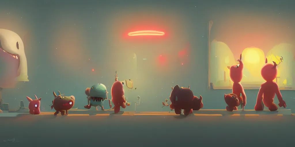 Image similar to cute monsters viewing an art gallery exhibit and Aurora borealis by Goro Fujita and Simon Stalenhag , 8k, trending on artstation, hyper detailed, cinematic