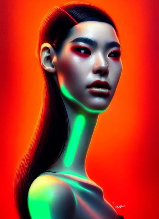 Image similar to photorealistic oriental female humanoid with freckle face, cyber neon lightings, futurism, cyberpunk high fashion, elegant side profile pose, intricate details, crispy quality, digital photography, trending in artstation, trending in pinterest, no watermark signature, cinematic, 4 k ultra hd, art by artgerm, art by greg rutkowski, art by pascal blanche