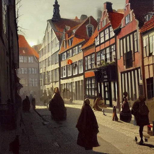 Prompt: a beautiful painting of a street of copenhagen by greg rutkowski and johannes vermeer trending on artstation