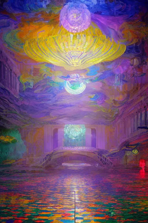 Image similar to crystal palace, guide line composition, dream, tintal effect, soft light, monet's tone, by tomokazu matsuyama and lee madgwick and christopher wren and ayu and trevor elia and james gillard, trending on artstation